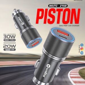 Walta WUTC-2158 Piston 50W Fast Car Charger | 30W USB-C PD + 20W USB-A QC 3.0 | Dual Port Metal Car Charger