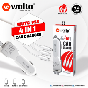 Walta WUTC-958 4-in-1 Car Charger | 2.4A Fast Charging | Built-in Type-C, Lightning & Micro USB Cable | USB Port Car Charger