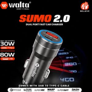 Walta WUTC-2258 SUMO 2.0 110W Fast Car Charger with USB to Type-C Cable | 30W USB-C PD + 80W USB-A | Dual Port Metal Car Charger