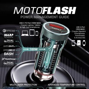 Walta MotoFlash 100W Dual Port Fast Car Charger | USB-C PD + USB-A QC 3.0 | Universal Car Mobile Charger