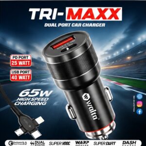 Walta TRI-MAXX 65W Fast Car Charger | 25W USB-C PD + 40W USB-A QC 3.0 | Dual Port Metal Car Charger