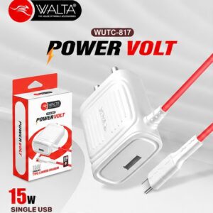 Walta WUTC-817 Power Volt 15W Fast Wall Charger with Type-C Cable | Single USB Mobile Charger | Smart IC Fast Charging Adapter