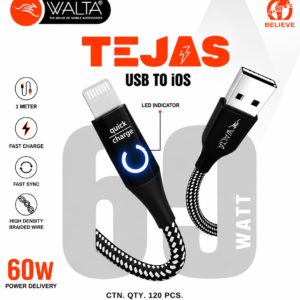 Walta TEJAS USB to Lightning 60W Fast Charging Cable | LED Charging Indicator | Nylon Braided | 1 Meter Data & Sync Cable for iPhone & iPad