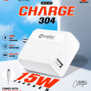 Walta WUTC-875 Charge 304 15W Fast Wall Charger with USB to Type-C Data Cable | Single USB Mobile Charger | Multi Protection