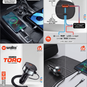 Walta WUTC-2358 TORQ 110W Fast Car Charger with 80W Type-C Retractable Cable | 30W USB-C PD + 80W USB-A | Dual Port Car Charger