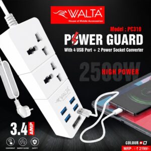 Walta PC310 Power Guard 2500W Power Strip with 4 USB Ports & 2 Universal Power Sockets | 3.4A Fast Charging Extension Board