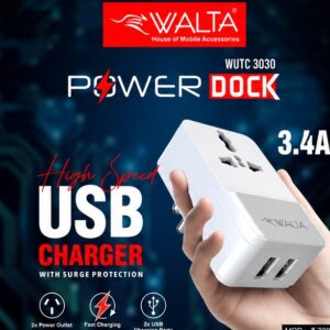 Walta WUTC-3030 Power Dock Universal Travel Adapter with 2 USB Ports | 3.4A Fast Charging | Surge Protection | Dual Power Socket
