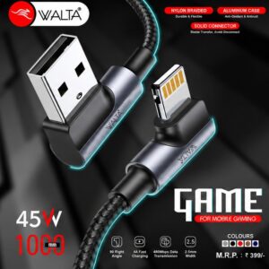 Walta GAME 45W USB to Lightning Fast Charging Cable | 90° Right Angle Gaming Cable | 1 Meter Braided Data & Sync Cable