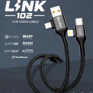Walta LINK-102 4-in-1 Fast Charging Data Cable | 45W Multi Connector Cable | USB to Type-C, Lightning & Micro USB | Braided 1 Meter Cable