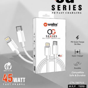 Walta OG Series USB-C to Lightning PD Fast Charging Cable | 45W Power Delivery | 5A Fast Charge | 1 Meter Data & Sync Cable for iPhone & iPad