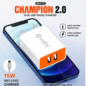 Walta WUTC-772 Champion 2.0 Dual USB 15W Travel Charger with Micro USB Cable | Fast Wall Charger | Smart IC Protection
